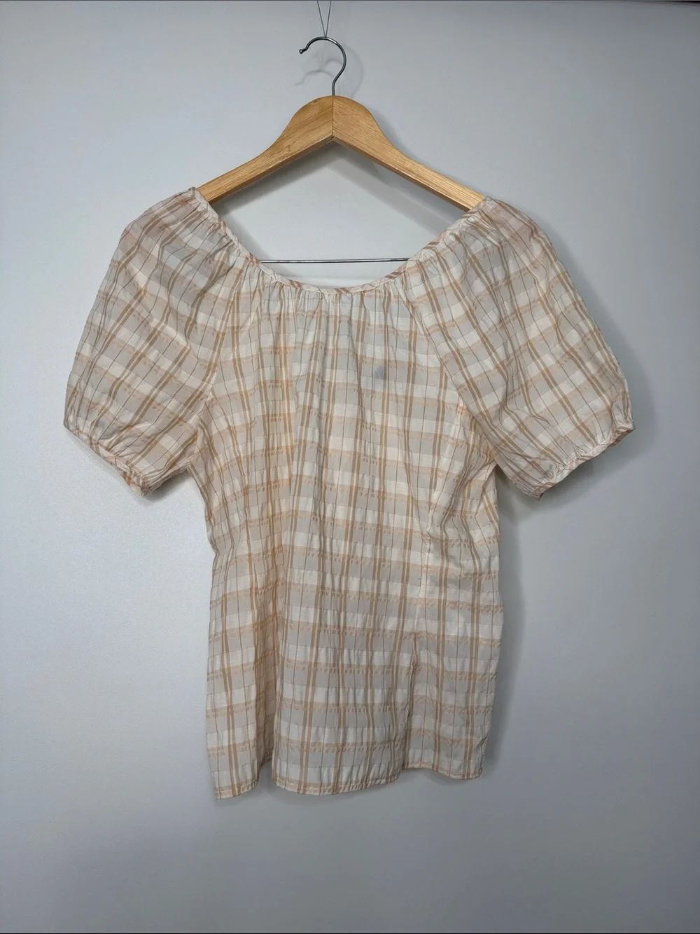 J. Crew V-back puff-sleeve top in textured plaid Size 2